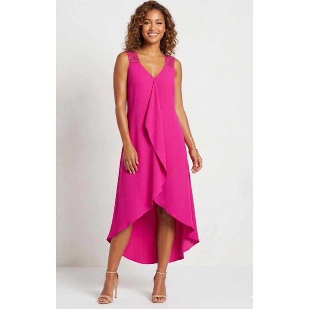 Adrianna Papell Bright Pink Midi Dress 8 Sleeveless Overlay Lace Strap Cocktail